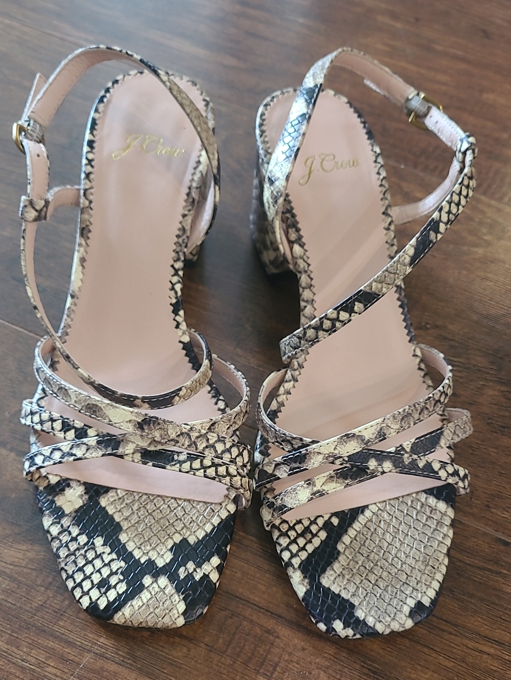 J. Crew Snake-Print Strappy Block Heels in Beige and Black Size 7.5